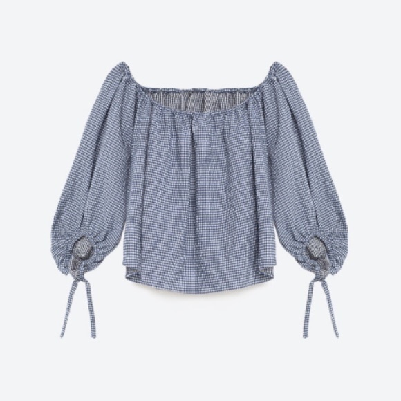 🧺Zara Gingham Blue White Seersucker Off Shoulder - Picture 8 of 8